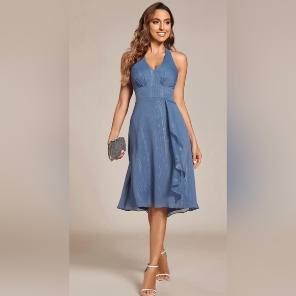 Ever Pretty Dresses & Skirts - Ever Pretty Dusty Blue Halter A-Line Midi Dress with Ruffle
